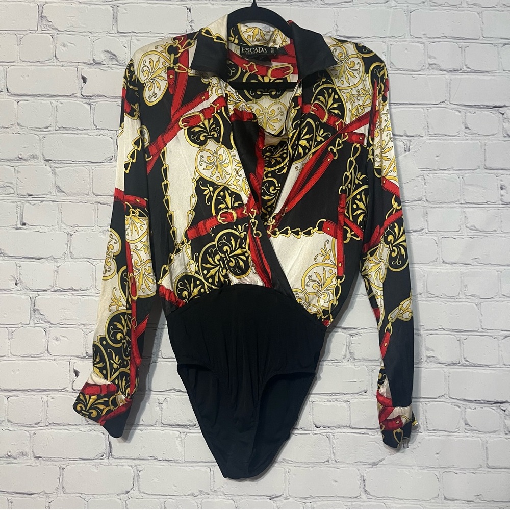 Vintage Escada by Margaret Ley Bodysuit Baroque Chain and Belt Print Red Gold